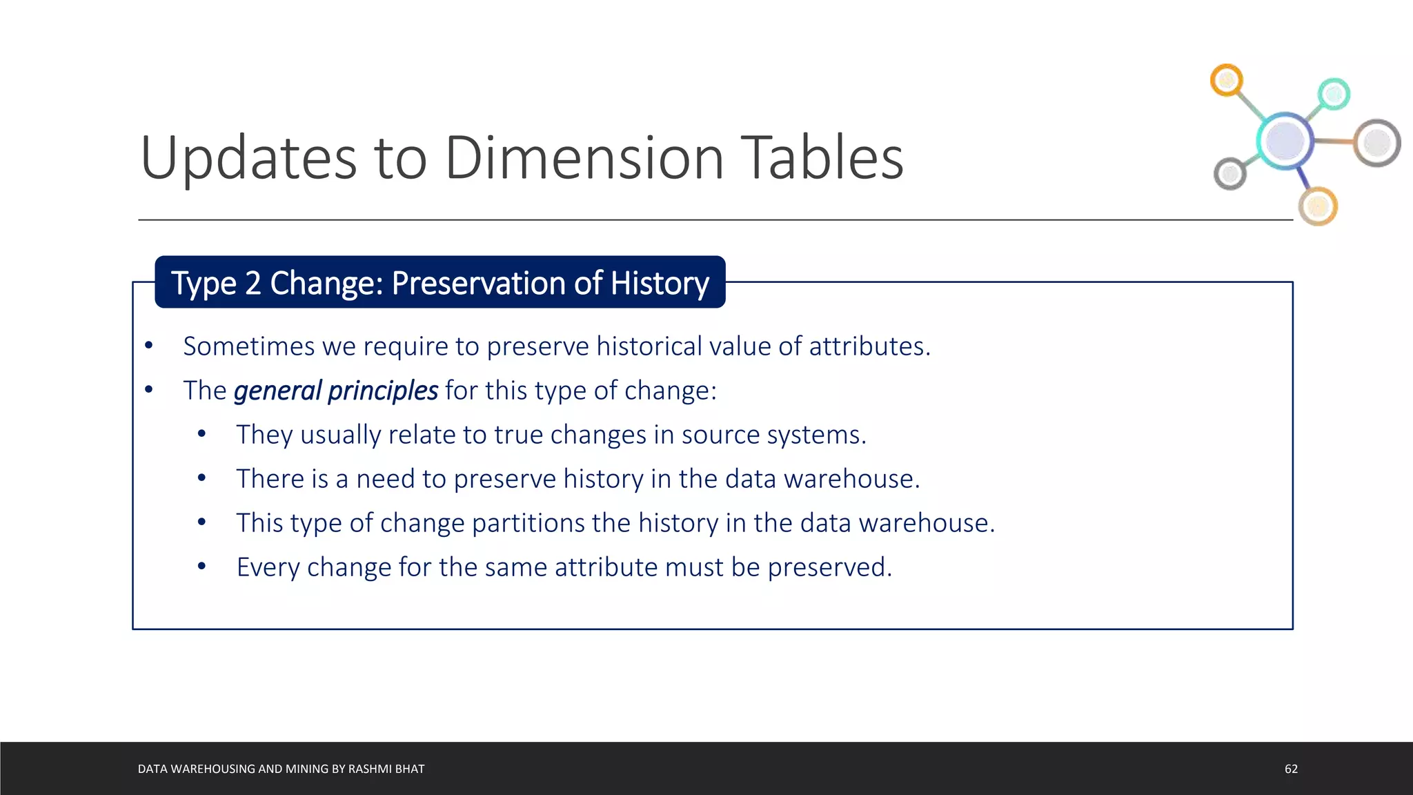 Updates to Dimension Tables
DATA WAREHOUSING AND MINING BY RASHMI BHAT 62
• Sometimes we require to preserve historical value of attributes.
• The general principles for this type of change:
• They usually relate to true changes in source systems.
• There is a need to preserve history in the data warehouse.
• This type of change partitions the history in the data warehouse.
• Every change for the same attribute must be preserved.
Type 2 Change: Preservation of History
 