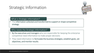Strategic Information
DATA WAREHOUSING AND MINING BY RASHMI BHAT 3
• The information collected and transformed to support or shape competitive
strategy.
What is Strategic Information?
• By the executives and managers who are responsible for keeping the enterprise
competitive need information to make proper decisions
• They need information to formulate the business strategies, establish goals, set
objectives, and monitor results.
Who needs the Strategic Information?
 