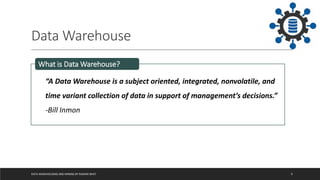 Data Warehouse
DATA WAREHOUSING AND MINING BY RASHMI BHAT 9
“A Data Warehouse is a subject oriented, integrated, nonvolatile, and
time variant collection of data in support of management’s decisions.”
-Bill Inmon
What is Data Warehouse?
 