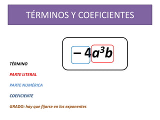 TÉRMINOS Y COEFICIENTES				– 4a3bTÉRMINO	PARTE LITERALPARTE NUMÉRICACOEFICIENTEGRADO: hay que fijarse en los exponentes