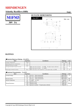 M1FM3
30V 3A
Copyright & Copy;2000 Shindengen Electric Mfg.Co.Ltd
OUTLINE DIMENSIONS
RATINGS
SHINDENGEN
Single
Schottky Rectifiers (SBD)
œAbsolute Maximum Ratings (Tc=25Ž)
Item Symbol Conditions Ratings Unit
Storage Temperature Tstg -55`150 Ž
Operating Junction Temperature Tj 150 Ž
Maximum Reverse Voltage VRM 30 V
Average Rectified Forward Current IO 50Hz sine wave, R-load Ta=25Ž On glass-epoxy substrate 2.1 A
50Hz sine wave, R-load Tc=100Ž 3.0
Peak Surge Forward Current IFSM 50Hz sine wave, Non-repetitive 1 cycle peak value, Tj=25Ž 30 A
œElectrical Characteristics Tc=25Ž
Item Symbol Conditions Ratings Unit
Forward Voltage VF1 IF=0.5A, Pulse measurement Max.0.40 V
VF2 IF=1.5A, Pulse measurement Max.0.46
Reverse Current IR VR=VRM, Pulse measurement Max.0.05 mA
Junction Capacitance Cj f=1MHz, VR=10V Typ.80 pF
Æjc junction to case Max.18
Thermal Resistance Æjl junction to lead Max.20 Ž/W
Æja junction to ambient On glass-epoxy substrate Max.80
 