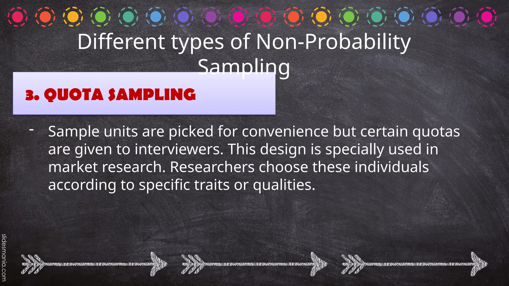 3. QUOTA SAMPLING
- Sample units are picked for convenience but certain quotas
are given to interviewers. This design is specially used in
market research. Researchers choose these individuals
according to specific traits or qualities.
Different types of Non-Probability
Sampling
 