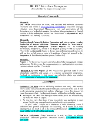 M1: UE 5 Intercultural Management
               (Specialised for the English-speaking world)


                        Teaching Framework:

Element 1.
Unit set-up. Introduction to: tutor; unit structure and rationale; resources
(traditional and online at www.tonyversity.com/students); assessment strategy;
reflection upon Intercultural Management Unit and expectations of the
distinctiveness of an English-speaking Intercultural Management context. Start of
exercise to define and explore ‘culture’ and ‘inter-culture’ Assignments set up [I
x individual + 1 x written]. (Tutor-led)

Element 2.
Continuation of Culture Definition, Exploration and Interpretation exercise.
Production of ‘master’ definition. Discussion of where the 'intercultural'
impinges upon the 'managerial' Generic Aspects: ‘life’, the working
environment, perspectives, culture in the English-speaking world and systems.
(Tutor-led.). Assignment 2: Teams to discuss ideas and structures and sources etc
with me in a verbal progress report with evidence of materials sourced so far.
Assignment 1. Initial thoughts of the group. (Student –led)

Element 3.
Aspects 1: The Corporate Context: core values, knowledge management, strategy
and structure. The Processes: the engagement process ; acclimatisation, operation,
communication & conflict. (Tutor-led.).

  Element 4. Specific Aspects 2: The Professional: personal audit of own
intercultural capability and design of a personal development programme.
Feedback on Assignment 1. Unit review and reflection. (Tutor and student
        Submission of assignment for assessment)*

                              ASSESSMENT

In-course Exam hour (date as notified by timetable and tutor). This usually
follows just a week or so after the end of the taught component of this unit. It will
involve answering a question from a choice of perhaps two or three in essay or
report form as specified. Hard copy dictionaries will be allowed, but be warned:
• As long as I am 100% clear what you mean / intend, I will not be subtracting
    any marks for errors in English.
• An hour is a very short time: if you concentrate upon perfection in your
    written English, you may not have time to fully address the question.
        In your 'shoes', I might use a dictionary to make absolutely certain I
understood the question completely and accurately, but I would use it very
'sparingly' (i.e. not much at all) in the writing of the answer. ASSESSED. This
exam will be worth 60% of the unit mark.

In-Course Assignment: Group presentation, in role, to client. 20 minutes
presentation / 20 minutes questions / 20 minutes feedback.. ASSESSED 40% of
unit mark).
 