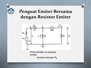 Penguat Emiter Bersama
dengan Resistor Emiter
Untai ekivalen ac penguat
emitter
bersama dengan RE
 