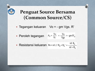 Penguat Source Bersama
(Common Source/CS)
 Tegangan keluaran Vo = - gm Vgs. R’
 Peroleh tegangan
 Resistansi keluaran
 