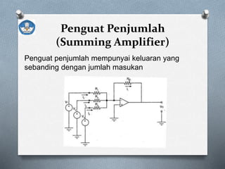 Penguat Penjumlah
(Summing Amplifier)
Penguat penjumlah mempunyai keluaran yang
sebanding dengan jumlah masukan
 