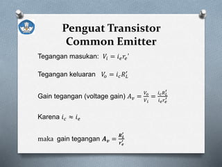 Penguat Transistor
Common Emitter
Tegangan masukan: 𝑉𝑖 = 𝑖 𝑒 𝑟𝑒’
Tegangan keluaran 𝑉𝑜 = 𝑖 𝑐 𝑅 𝐿
′
Gain tegangan (voltage gain) 𝐴 𝑣 =
𝑉𝑜
𝑉 𝑖
=
𝑖 𝑐 𝑅 𝐿
′
𝑖 𝑒 𝑟𝑒
′
Karena 𝑖 𝑐 ≈ 𝑖 𝑒
maka gain tegangan 𝑨 𝒗 =
𝑹 𝑳
′
𝒓 𝒆
′
 