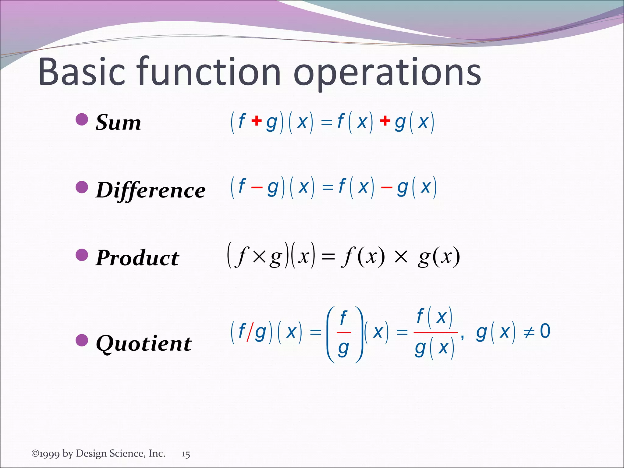 Basic function operations
Sum

( f + g) ( x) = f ( x) + g ( x)

Difference

( f – g) ( x) = f ( x) – g ( x)

Product

( f × g )( x ) =

Quotient

f ( x)
f 
, g ( x) ≠ 0
( f g) ( x) =  ( x) =
g ( x)
g

©1999 by Design Science, Inc.

15

f ( x) × g ( x)

 