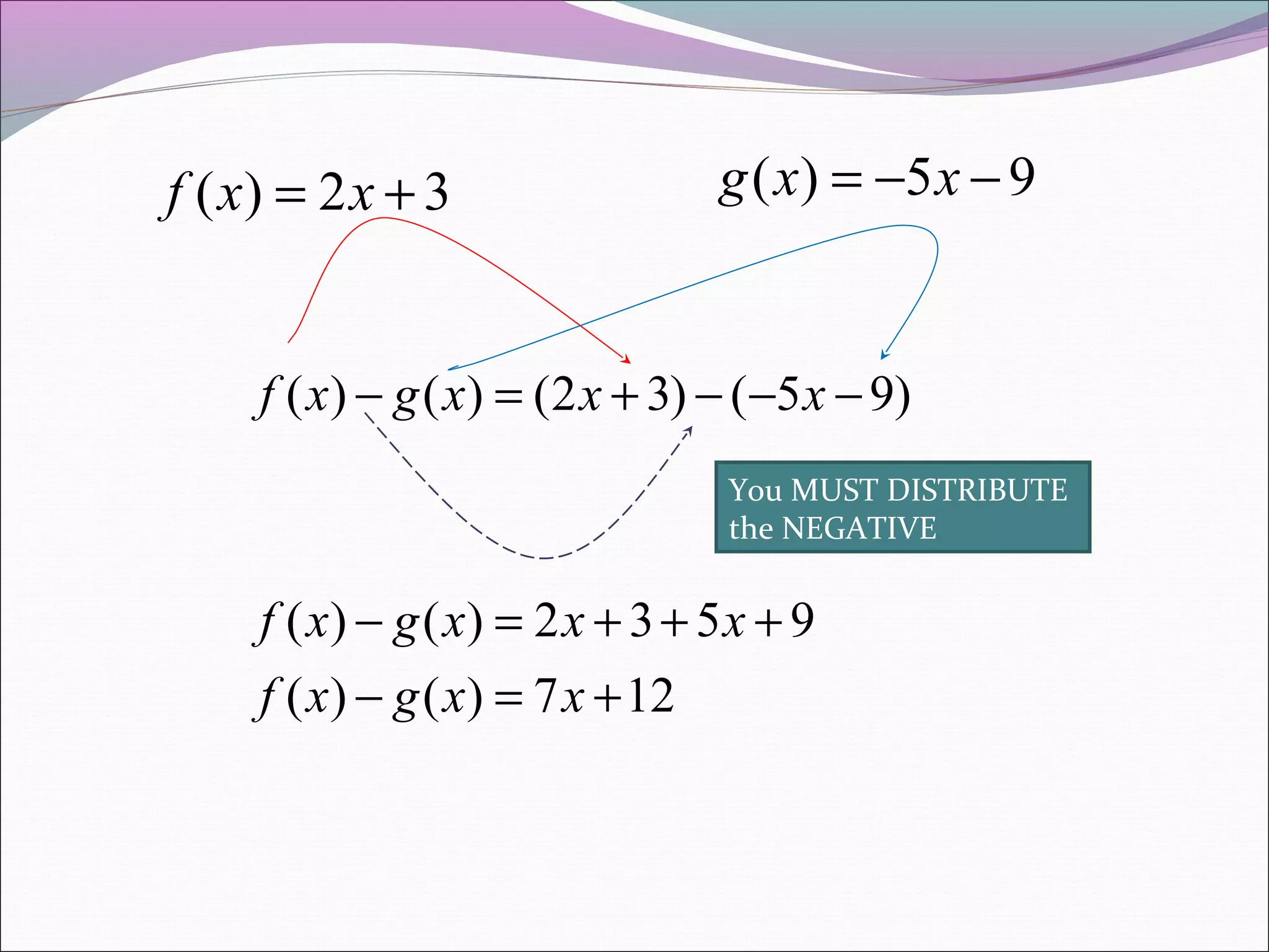f ( x) = 2 x + 3

g ( x) = −5 x − 9

f ( x) − g ( x) = (2 x + 3) − (−5 x − 9)
You MUST DISTRIBUTE
the NEGATIVE

f ( x) − g ( x) = 2 x + 3 + 5 x + 9
f ( x) − g ( x) = 7 x + 12

 