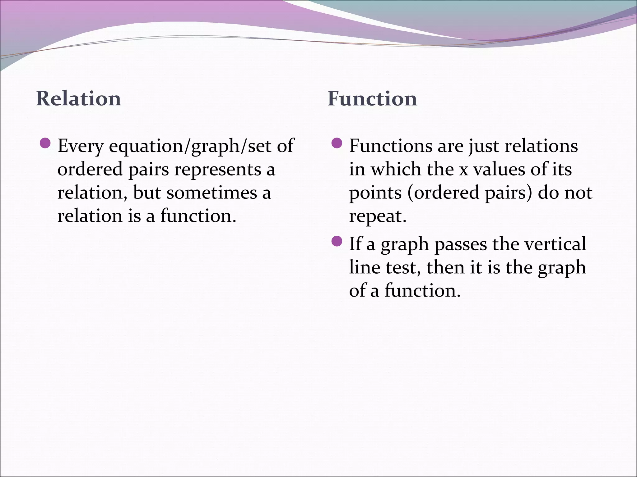 Relation

Function

Every equation/graph/set of

Functions are just relations

ordered pairs represents a
relation, but sometimes a
relation is a function.

in which the x values of its
points (ordered pairs) do not
repeat.
If a graph passes the vertical
line test, then it is the graph
of a function.

 