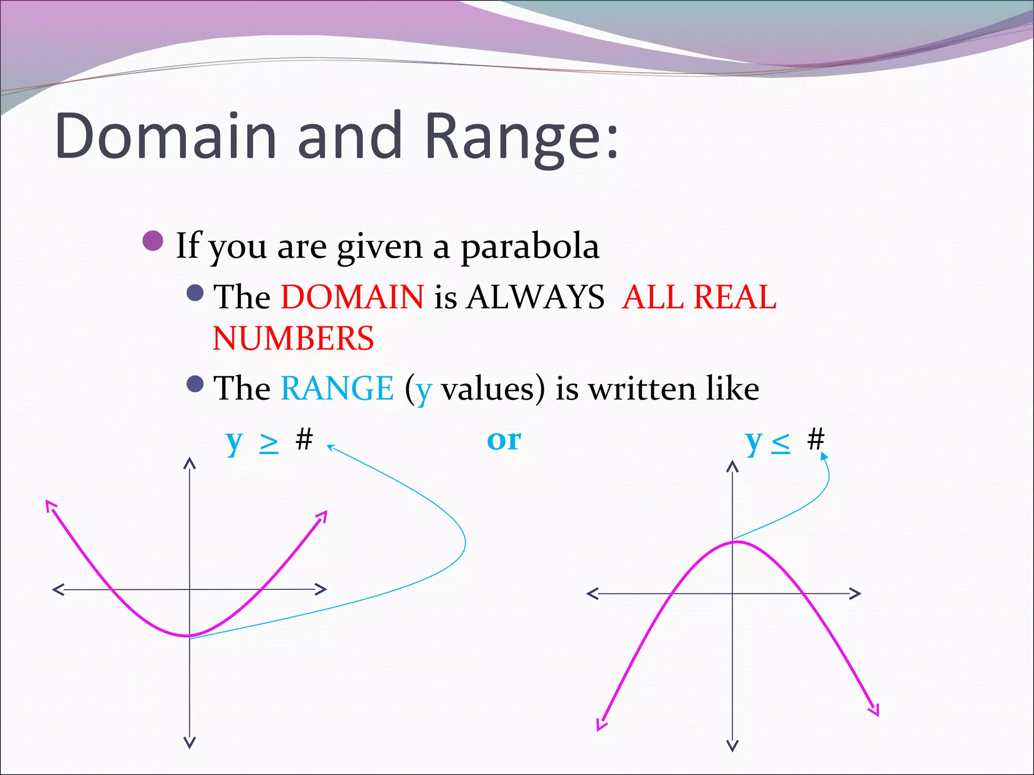 Domain and Range:
If you are given a parabola
The DOMAIN is ALWAYS ALL REAL

NUMBERS
The RANGE (y values) is written like
y > #
or
y< #

 
