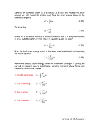 Consider an elemental length ds of the shaft. Let the one end rotates by a small
amount dφ with respect to another end. Now the strain energy stored in the
elemental length is,
                                      1
                                dU = Tdφ                                 (2.26)
                                      2

We know that
                                            Tds
                                     dφ =                                (2.27)
                                            GJ

where, G is the shear modulus of the shaft material and J is the polar moment
of area. Substituting for dφ from (2.27) in equation (2.26), we obtain

                                           T2
                                     dU =     ds                         (2.28)
                                          2GJ

Now, the total strain energy stored in the beam may be obtained by integrating
the above equation.
                                            2
                                        L T
                                  U =∫        ds                       (2.29)
                                       0 2GJ



Hence the elastic strain energy stored in a member of length s (it may be
curved or straight) due to axial force, bending moment, shear force and
torsion is summarized below.

                             s
                                P2
1. Due to axial force   U1 = ∫      ds
                             0
                               2 AE

                              s
                                M2
2. Due to bending       U2 = ∫       ds
                              0
                                2 EI

                              s
                                 V2
3. Due to shear         U3 = ∫       ds
                              0
                                2 AG

                                 s
                                 T2
4. Due to torsion       U4 = ∫      ds
                              0
                                2GJ




                                                     Version 2 CE IIT, Kharagpur
 
