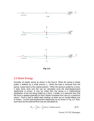 2.3 Strain Energy
Consider an elastic spring as shown in the Fig.2.4. When the spring is slowly
pulled, it deflects by a small amount u1 . When the load is removed from the
spring, it goes back to the original position. When the spring is pulled by a force,
it does some work and this can be calculated once the load-displacement
relationship is known. It may be noted that, the spring is a mathematical
idealization of the rod being pulled by a force P axially. It is assumed here that
the force is applied gradually so that it slowly increases from zero to a maximum
value P . Such a load is called static loading, as there are no inertial effects due
to motion. Let the load-displacement relationship be as shown in Fig. 2.5. Now,
work done by the external force may be calculated as,

                              1       1
                     Wext =     P1u1 = ( force × displacement )                 (2.7)
                              2       2

                                                            Version 2 CE IIT, Kharagpur
 