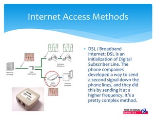  DSL / Broadband
Internet: DSL is an
initialization of Digital
Subscriber Line. The
phone companies
developed a way to send
a second signal down the
phone lines, and they did
this by sending it at a
higher frequency. It’s a
pretty complex method.
Internet Access Methods
 