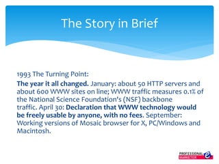 1993 The Turning Point:
The year it all changed. January: about 50 HTTP servers and
about 600 WWW sites on line; WWW traffic measures 0.1% of
the National Science Foundation's (NSF) backbone
traffic. April 30: Declaration that WWW technology would
be freely usable by anyone, with no fees. September:
Working versions of Mosaic browser for X, PC/Windows and
Macintosh.
The Story in Brief
 