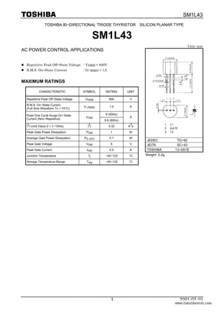 SM1L43

www.DataSheet4U.com

TOSHIBA BI−DIRECTIONAL TRIODE THYRISTOR SILICON PLANAR TYPE

SM1L43
Unit: mm

AC POWER CONTROL APPLICATIONS
l Repetitive Peak Off−State Voltage : VDRM = 800V
l R.M.S. On−State Current

: IT (RMS) = 1A

MAXIMUM RATINGS
CHARACTERISTIC

SYMBOL

RATING

UNIT

VDRM

800

V

R.M.S. On−State Current
(Full Sine Waveform Tc = 74°C)

IT (RMS)

1.0

A

Peak One Cycle Surge On−State
Current (Non−Repetitive)

ITSM

Repetitive Peak Off−State Voltage

2

I t Limit Value (t = 1~10ms)

2

8 (50Hz)
8.8 (60Hz)

A
2

I t

0.32

A s

PGM

1

W

PG (AV)

0.1

W

Peak Gate Voltage

VGM

6

V

Peak Gate Current

IGM

0.5

A

JEDEC
JEITA
TOSHIBA

Tj

−40~125

°C

Weight: 0.2g

Tstg

−40~125

°C

Peak Gate Power Dissipation
Average Gate Power Dissipation

Junction Temperature
Storage Temperature Range

1

TO−92
SC−43
13−5A1E

2001-07-10

 