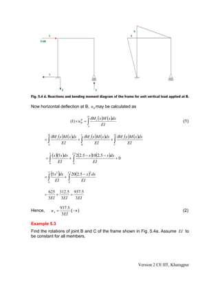Now horizontal deflection at B, u B may be calculated as

                                             D
                                                 δM v (x )M (x )dx
                              (1) × u = ∫
                                       B
                                       H                                                                   (1)
                                             A
                                                          EI

           B
               δM v (x )M (x )dx       C
                                           δM v (x )M (x )dx    D
                                                                     δM v ( x )M ( x )dx
       =∫                             +∫                       +∫
           A
                       EI              B
                                                     EI         C
                                                                            EI


         =∫
           5
               (x )(5 x )dx + 2.5 2(2.5 − x )10(2.5 − x )dx + 0
           0
                      EI          ∫
                                  0
                                                     EI


       =∫
           5
               (5x )dx +
                  2
                              20(2.5 − x ) dx
                            2.5                  2


           0
                 EI         ∫
                            0
                                   EI

           625 312.5 937.5
       =       +     =
           3EI   3EI   3EI

                       937.5
Hence,         uA =          ( →)                                                                          (2)
                        3EI

Example 5.3
Find the rotations of joint B and C of the frame shown in Fig. 5.4a. Assume EI to
be constant for all members.




                                                                                    Version 2 CE IIT, Kharagpur
 