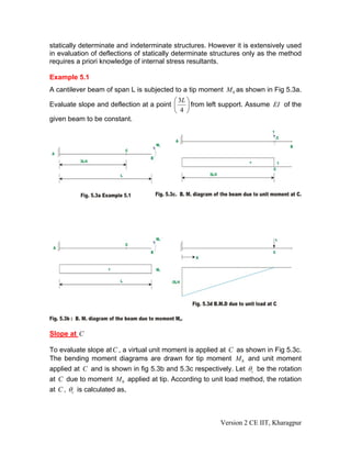 statically determinate and indeterminate structures. However it is extensively used
in evaluation of deflections of statically determinate structures only as the method
requires a priori knowledge of internal stress resultants.

Example 5.1
A cantilever beam of span L is subjected to a tip moment M 0 as shown in Fig 5.3a.
                                         ⎛ 3L ⎞
Evaluate slope and deflection at a point ⎜ ⎟ from left support. Assume EI of the
                                         ⎝ 4 ⎠
given beam to be constant.




Slope at C

To evaluate slope at C , a virtual unit moment is applied at C as shown in Fig 5.3c.
The bending moment diagrams are drawn for tip moment M 0 and unit moment
applied at C and is shown in fig 5.3b and 5.3c respectively. Let θc be the rotation
at C due to moment M 0 applied at tip. According to unit load method, the rotation
at C , θc is calculated as,



                                                         Version 2 CE IIT, Kharagpur
 