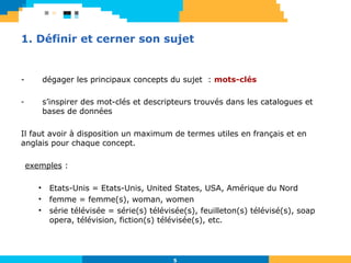 5
1. Définir et cerner son sujet
- dégager les principaux concepts du sujet : mots-clés
- s’inspirer des mot-clés et descripteurs trouvés dans les catalogues et
bases de données
Il faut avoir à disposition un maximum de termes utiles en français et en
anglais pour chaque concept.
exemples :
• Etats-Unis = Etats-Unis, United States, USA, Amérique du Nord
• femme = femme(s), woman, women
• série télévisée = série(s) télévisée(s), feuilleton(s) télévisé(s), soap
opera, télévision, fiction(s) télévisée(s), etc.
 