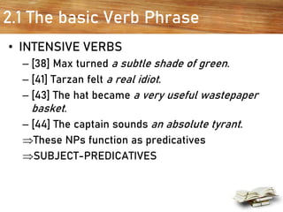 2.1 The basic Verb Phrase
• INTENSIVE VERBS
– [38] Max turned a subtle shade of green.
– [41] Tarzan felt a real idiot.
– [43] The hat became a very useful wastepaper
basket.
– [44] The captain sounds an absolute tyrant.
These NPs function as predicatives
SUBJECT-PREDICATIVES
 