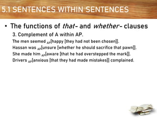 5.1 SENTENCES WITHIN SENTENCES
• The functions of that- and whether- clauses
3. Complement of A within AP.
The men seemed AP[happy [they had not been chosen]].
Hassan was AP[unsure [whether he should sacriﬁce that pawn]].
She made him AP[aware [that he had overstepped the mark]].
Drivers AP[anxious [that they had made mistakes]] complained.
 