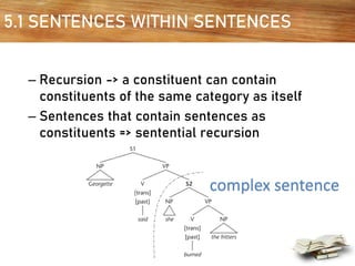 5.1 SENTENCES WITHIN SENTENCES
– Recursion -> a constituent can contain
constituents of the same category as itself
– Sentences that contain sentences as
constituents => sentential recursion
complex sentence
 
