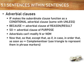 5.1 SENTENCES WITHIN SENTENCES
• Adverbial clauses
▪ IF makes the subordinate clause function as a
CONDITIONAL adverbial clause (same with UNLESS)
▪ BECAUSE => adverbial clause of REASON/RESULT
▪ SO => adverbial clause of PURPOSE
▪ Adverbials can’t modify N or NOM
▪ Now that, so that, except that, as if, in case, in order that,
as soon as => Complementiser (use triangle to represent
them in phrase markers)
 