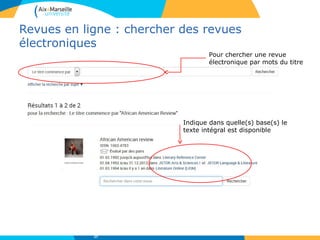Revues en ligne : chercher des revues
électroniques
Indique dans quelle(s) base(s) le
texte intégral est disponible
Pour chercher une revue
électronique par mots du titre
27
 