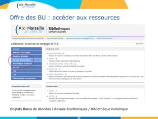 Offre des BU : accéder aux ressources
Onglets Bases de données / Revues électroniques / Bibliothèque numérique
29
 