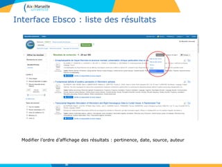 Interface Ebsco : liste des résultats
Modifier l’ordre d’affichage des résultats : pertinence, date, source, auteur
36
 