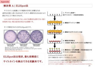 23
Appendix
解決策 A | ELISpot法
　サイトカインは組織上での観察が非常に困難なため
通常は培養上清に含まれるサイトカイン濃度をELISA法により
測定することで検出されます。
　しかしながらELISA法では、よほど高濃度な試料でない限り
再現性の高い検出結果を得るのは困難です。
　そこで開発されたのがELISpot法です。
1. ディッシュ底面へ
抗サイトカイン一次抗体を固相化
2. 細胞をディッシュへ播種
3. 細胞からのサイトカイン分泌
4. 細胞を洗浄除去
（一次抗体へ結合したサイトカインは残留する）
5. 酵素あるいは色素標識二次抗体を結合させ
サイトカインを特異的に検出
Cell-based ELISA法とよく似ていますが
途中で細胞を洗い流すところが異なっています。
　
Cell-based ELISA法では細胞を播種した後、一次抗体へ結合した細胞数をカウントします。
サイトカインは分子が小さく膜外へ非常に遊離してしまいやすいため、
抗サイトカイン抗体では細胞をトラップしきれず、Cell-based ELISA法は全く向きません。
ELISpot法は現状、最も高精度に
サイトカインを検出できる実験系です。
Martino AT, Herzog RW, Anegon I, Adjali O. (2011)
Measuring immune responses to recombinant AAV gene transfer.
Methods Mol Biol. 807:259-72.
https://www.ncbi.nlm.nih.gov/pubmed/22034034
伊純 明寛
 