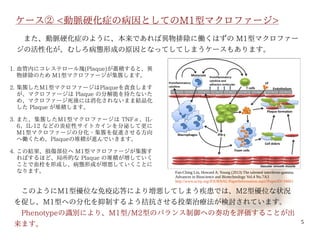 5
ケース② <動脈硬化症の病因としてのM1型マクロファージ>
　このようにM1型優位な免疫応答により増悪してしまう疾患では、M2型優位な状況
を促し、M1型への分化を抑制するよう拮抗させる投薬治療法が検討されています。
　Phenotypeの識別により、M1型/M2型のバランス制御への奏功を評価することが出
来ます。
　また、動脈硬化症のように、本来であれば異物排除に働くはずの M1型マクロファー
ジの活性化が、むしろ病態形成の原因となってしてしまうケースもあります。
Fan-Ching Lin, Howard A. Young (2013) The talented interferon-gamma.
Advances in Bioscience and Biotechnology Vol.4 No.7A3
http://www.scirp.org/JOURNAL/PaperInformation.aspx?PaperID=34661
1. 血管内にコレステロール塊(Plaque)が蓄積すると、異
物排除のため M1型マクロファージが集簇します。
2. 集簇したM1型マクロファージはPlaqueを貪食します
が、マクロファージは Plaque の分解能を持たないた
め、マクロファージ死後には消化されないまま結晶化
した Plaque が堆積します。
3. また、集簇したM1型マクロファージは TNFα、IL-
6、IL-12 などの炎症性サイトカインを分泌して更に
M1型マクロファージの分化・集簇を促進させる方向
へ働くため、Plaqueの堆積が進んでいきます。
4. この結果、損傷部位へ M1型マクロファージが集簇す
ればするほど、局所的な Plaque の堆積が増していく
ことで血栓を形成し、病態形成が増悪していくことに
なります。
伊純 明寛
 