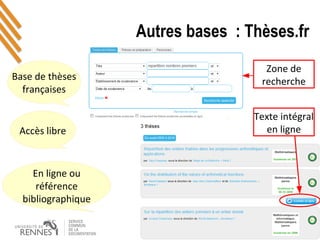 Autres bases : Thèses.fr
Base de thèses
françaises
Accès libre
En ligne ou
référence
bibliographique
Texte intégral
en ligne
Zone de
recherche
 