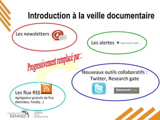 Introduction à la veille documentaire
Les newsletters
Les alertes
Nouveaux outils collaboratifs :
Twitter, Research gate
Les flux RSS
Agrégateur gratuits de flux
(Netvibes, Feedly...)
 