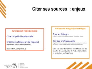 Citer ses sources : enjeux
Juridique et réglementaire
Code propriété intellectuelle
Charte des utilisateurs de Rennes1
(idem ds d'autres établissements)
(et sanction, Compilatio...)
Ethique et intégrité scientifique
Chez les éditeurs
Cf Nature, CrossRef et COPE(Committee on Publication Ethics)
Carrière professionnelle
Blog référencant des cas de plagiat impliquant professeurs et étudiants traités qui
sont soumis à la Justice et/ou aux autorités compétentes des universités
Citer : au cœur de l'activité scientifique :Sur les
épaules des géants, état de l'art....Bibliométrie
et navigation par hyperliens
 