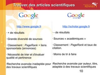 10
Trouver des articles scientifiquesTrouver des articles scientifiques
http://www.google.fr
• + de résultats
• Grande diversité de sources
• Classement : PageRank + liens
sponsorisés (annonces)
• Nécessité de trier et d'évaluer
qualité et pertinence
•Recherche avancée inadaptée pour
des travaux scientifiques
http://scholar.google.fr
• - de résultats
• Sources « académiques »
• Classement : PageRank et taux de
citation.
• Moins de tri à faire
•Recherche avancée par auteur, titre,
adaptée à des travaux scientifiques
 