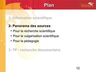 12
PlanPlan
1- Information scientifique
2- Panorama des sources

Pour la recherche scientifique

Pour la vulgarisation scientifique

Pour la pédagogie
3- TP : recherche documentaire
 