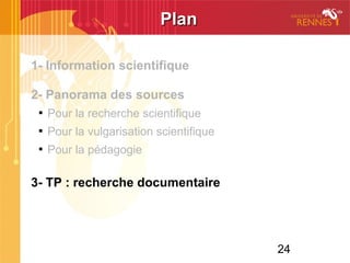 24
PlanPlan
1- Information scientifique
2- Panorama des sources

Pour la recherche scientifique

Pour la vulgarisation scientifique

Pour la pédagogie
3- TP : recherche documentaire
 