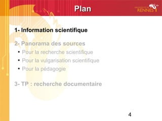 4
PlanPlan
1- Information scientifique
2- Panorama des sources

Pour la recherche scientifique

Pour la vulgarisation scientifique

Pour la pédagogie
3- TP : recherche documentaire
 