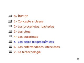 0- ÍNDICE 1- Concepto y clases 2- Los procariotas: bacterias 3- Los virus 4- Los eucariotas 5- Los ciclos biogeoquímicos 6- Las enfermedades infecciosas 7- La biotecnología 