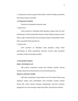 9 
 
3. Menganalisis besarnya pengaruh faktor-faktor tersebut terhadap pertumbuhan
laba pada perusahaan manufaktur
1.3.2 Kegunaan Penelitian
Penelitian ini diharapkan bermanfaat untuk:
1. Bagi Emiten
Hasil penelitian ini diharapkan dapat digunakan sebagai salah satu dasar
pertimbangan di dalam pengambilan keputusan dalam bidang keuangan terutama
dalam rangka memaksimumkan laba perusahaan dengan memperhatikan faktor-
faktor yang diteliti dalam penelitian ini.
2. Bagi Investor
Hasil penelitian ini diharapkan dapat digunakan sebagai bahan
pertimbangan di dalam pengambilan keputusan investasi pada perusahaan
manufaktur di Bursa Efek Indonesia (BEI).
1.4 Sistematika Penulisan
BAB I : PENDAHULUAN
Bab pertama menjelaskan tentang latar belakang masalah, rumusan
masalah, tujuan dan manfaat penelitian, serta sistematika penulisan.
BAB II: LANDASAN TEORI
Bab kedua menjelaskan tentang landasan teori dan literatur-literatur yang
digunakan sebagai acuan perbandingan untuk membahas masalah, meliputi
konsep laba, analisa laporan keuangan, penggolongan rasio-rasio keuangan,
penggunaan rasio-rasio keuangan sebagai alat prediksi, dan penelitian terdahulu.
 