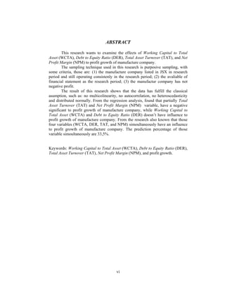 vi
ABSTRACT
This research wants to examine the effects of Working Capital to Total
Asset (WCTA), Debt to Equity Ratio (DER), Total Asset Turnover (TAT), and Net
Profit Margin (NPM) to profit growth of manufacture company.
The sampling technique used in this research is purposive sampling, with
some criteria, those are: (1) the manufacture company listed in JSX in research
period and still operating consistenly in the research period; (2) the avaliable of
financial statement as the research period; (3) the manufactur company has not
negative profit.
The result of this research shows that the data has fulfill the classical
asumption, such as: no multicolinearity, no autocorrelation, no heteroscedasticity
and distributed normally. From the regression analysis, found that partially Total
Asset Turnover (TAT) and Net Profit Margin (NPM) variable, have a negative
significant to profit growth of manufacture company, while Working Capital to
Total Asset (WCTA) and Debt to Equity Ratio (DER) doesn’t have influence to
profit growth of manufacture company. From the research also known that those
four variables (WCTA, DER, TAT, and NPM) simoultaneously have an influence
to profit growth of manufacture company. The prediction percentage of those
variable simoultaneously are 33,5%.
Keywords: Working Capital to Total Asset (WCTA), Debt to Equity Ratio (DER),
Total Asset Turnover (TAT), Net Profit Margin (NPM), and profit growth.
 