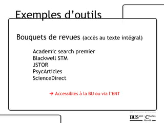 Bouquets de revues  (accès au texte intégral) Academic search premier Blackwell STM JSTOR PsycArticles ScienceDirect    Accessibles à la BU ou via l’ENT Exemples d’outils 