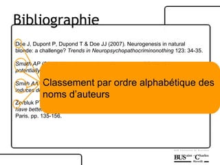 Doe J, Dupont P, Dupond T & Doe JJ (2007). Neurogenesis in natural  blonde: a challenge?  Trends in Neuropsychopathocriminonothing  123: 34-35. Smath AP (2003). Listening the whole discography of Celine Dion  potentially causes permanent brain damage. Useless Neuroscience  3 : 123-124.   Smith AA & Wesson AP (1990). Intraorbital penetration of chicken wing  induces deep pain. American Journal of Damned Data  34 : 123-345.   Zorbluk PT (2008). Cut and paste practices kill mind. In  Proper students  have better results than lazy ones . Edited by Aimon JM. Vol. 2. Fayard.  Paris. pp. 135-156.   Classement par ordre alphabétique des  noms d’auteurs Bibliographie 