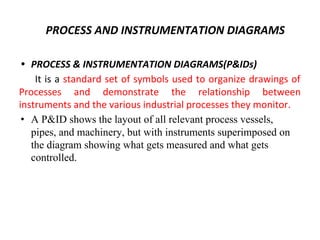 PROCESS AND INSTRUMENTATION DIAGRAMS
• PROCESS & INSTRUMENTATION DIAGRAMS(P&IDs)
It is a standard set of symbols used to organize drawings of
Processes and demonstrate the relationship between
instruments and the various industrial processes they monitor.
• A P&ID shows the layout of all relevant process vessels,
pipes, and machinery, but with instruments superimposed on
the diagram showing what gets measured and what gets
controlled.
 