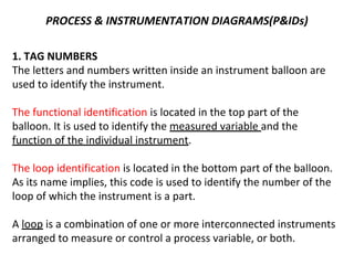 PROCESS & INSTRUMENTATION DIAGRAMS(P&IDs)
1. TAG NUMBERS
The letters and numbers written inside an instrument balloon are
used to identify the instrument.
The functional identification is located in the top part of the
balloon. It is used to identify the measured variable and the
function of the individual instrument.
The loop identification is located in the bottom part of the balloon.
As its name implies, this code is used to identify the number of the
loop of which the instrument is a part.
A loop is a combination of one or more interconnected instruments
arranged to measure or control a process variable, or both.
 