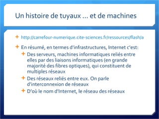 Un histoire de tuyaux ... et de machines http://carrefour-numerique.cite-sciences.fr/ressources/flash/anims/internet/ En résumé, en termes d’infrastructures, Internet c’est: Des serveurs, machines informatiques reliés entre elles par des liaisons informatiques (en grande majorité des fibres optiques), qui constituent de multiples réseaux Des réseaux reliés entre eux. On parle d’interconnexion de réseaux D’où le nom d’Internet, le réseau des réseaux 