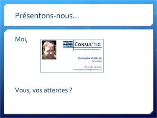 Présentons-nous... Moi, Vous, vos attentes ? Christophe RUDELLE Consultant Tel : 05 61 69 06 00  [email_address] 