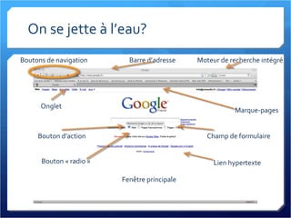 On se jette à l’eau? Fenêtre principale Barre d’adresse Moteur de recherche intégré Marque-pages Onglet Boutons de navigation Bouton d’action Champ de formulaire Lien hypertexte Bouton « radio » 