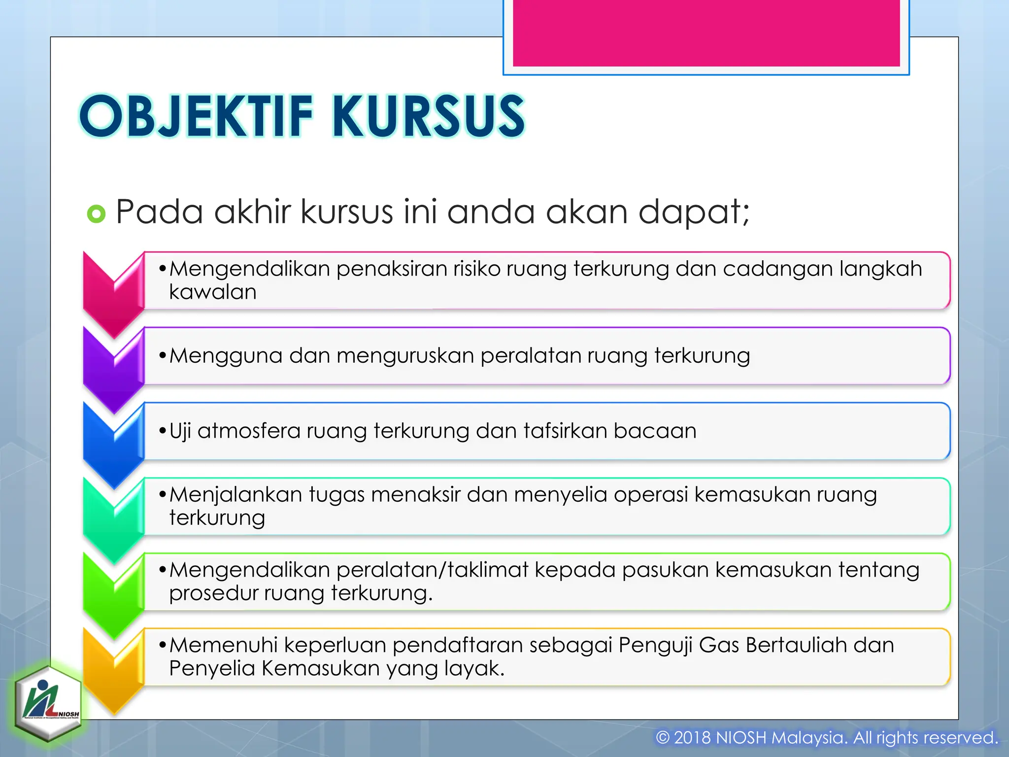 OBJEKTIF KURSUS
 Pada akhir kursus ini anda akan dapat;
© 2018 NIOSH Malaysia. All rights reserved.
•Mengendalikan penaksiran risiko ruang terkurung dan cadangan langkah
kawalan
•Mengguna dan menguruskan peralatan ruang terkurung
•Uji atmosfera ruang terkurung dan tafsirkan bacaan
•Menjalankan tugas menaksir dan menyelia operasi kemasukan ruang
terkurung
•Mengendalikan peralatan/taklimat kepada pasukan kemasukan tentang
prosedur ruang terkurung.
•Memenuhi keperluan pendaftaran sebagai Penguji Gas Bertauliah dan
Penyelia Kemasukan yang layak.
 